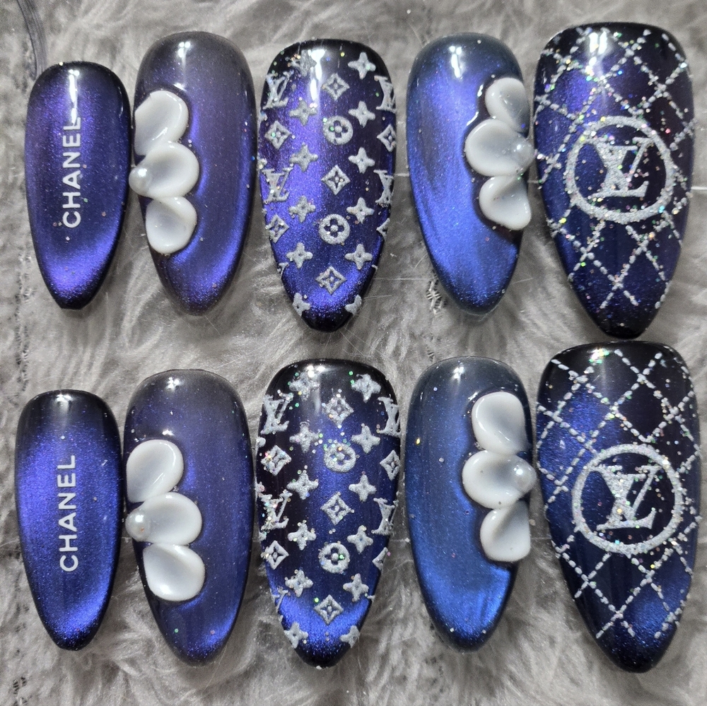 Designer-Inspired Blue & Silver Nail Set with 3D Floral Accents